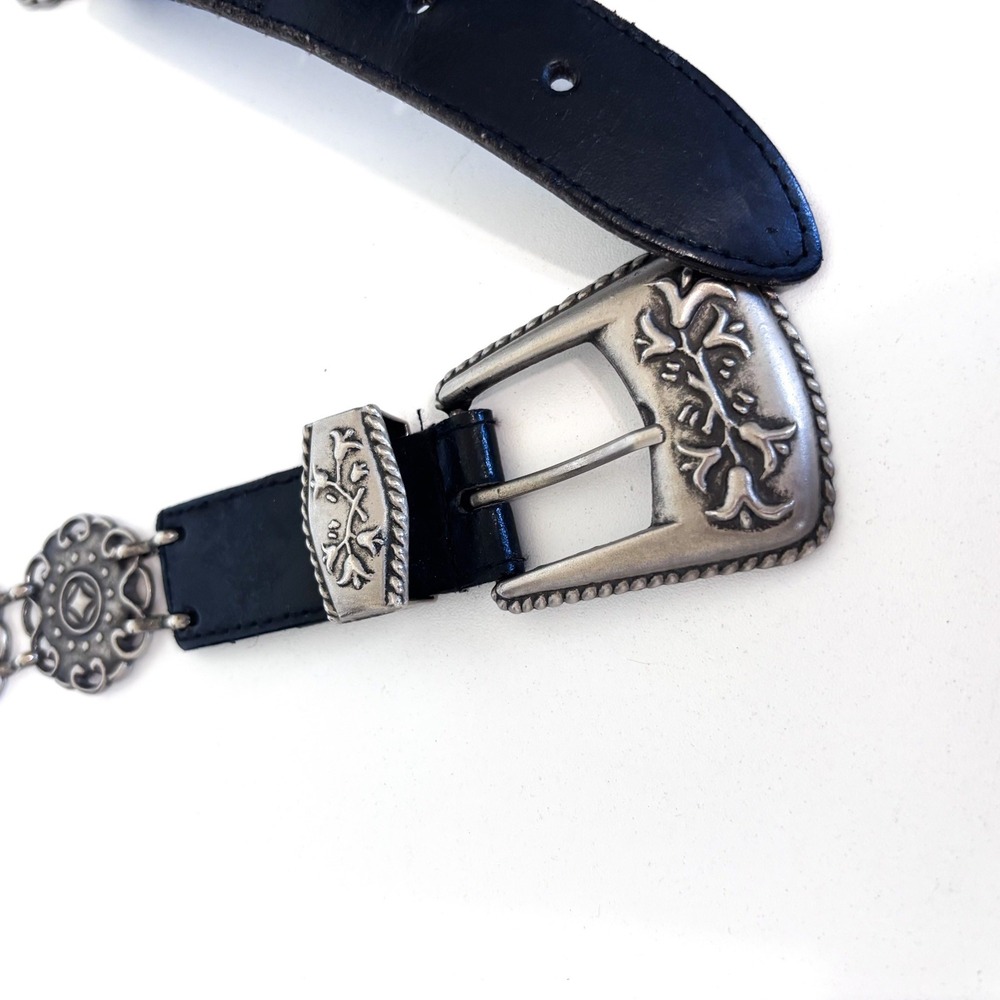 Western Concho Womens Vintage Boho Chain Belt M/L Black Silver Floral Festival - Picture 3 of 9